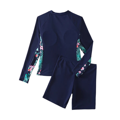 Two Pieces Long Sleeve Swimwear Floral Print Sports Rush Guard Swimsuits Patchwork Beachwear with Zipper Bikini Set Shorts