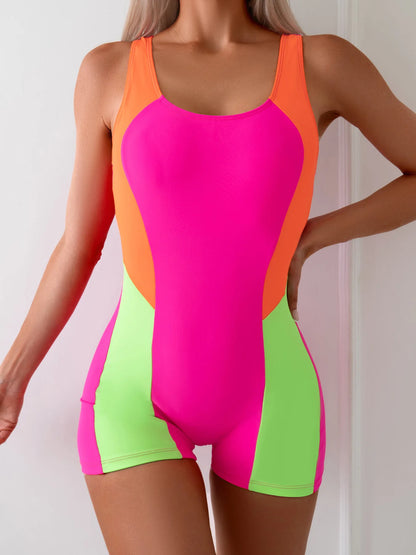 Pink Patchwork Strapped Swimwear Women Push Up One Piece Swimsuit Monokini Backless Hollow Beach Bathing Suit