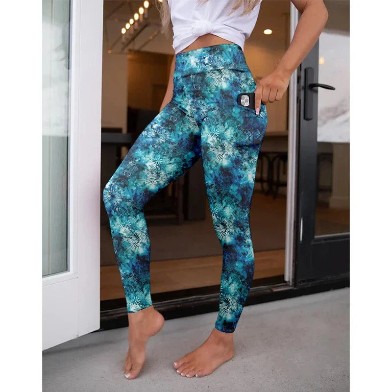 High Waist Women's Fitness Leggings 3D Digital Print Sexy Pocket Elastic Pants Fashionable Gym Trousers