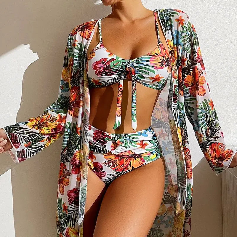 Size S-3XL Bikini Three Pieces Floral Printed Swimsuit Women Bikini Set With Mesh Long-Sleeved Blouse ,Bra Top with Pad Swimwear