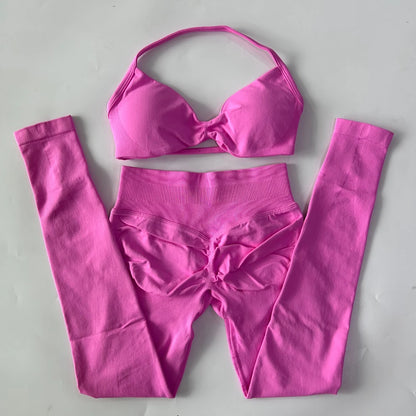 2 Pieces Set For Woman Strappy Yoga Bra Sports Top Workout Leggings Set Seamless Gym Set Fitness Clothes Outfit Activewear
