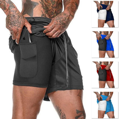 European Men's Sports Summer Double Layer Mobile Phone Pants Gym Exercise Jogging Training Shorts