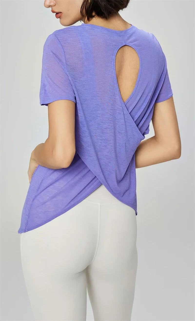 Aiithuug Breathable Mesh Yoga Short Sleeve Crisscross Back Yoga Short Sleeve Blouse Quick Dry Gym Shirt Casual Cutout Back Yoga