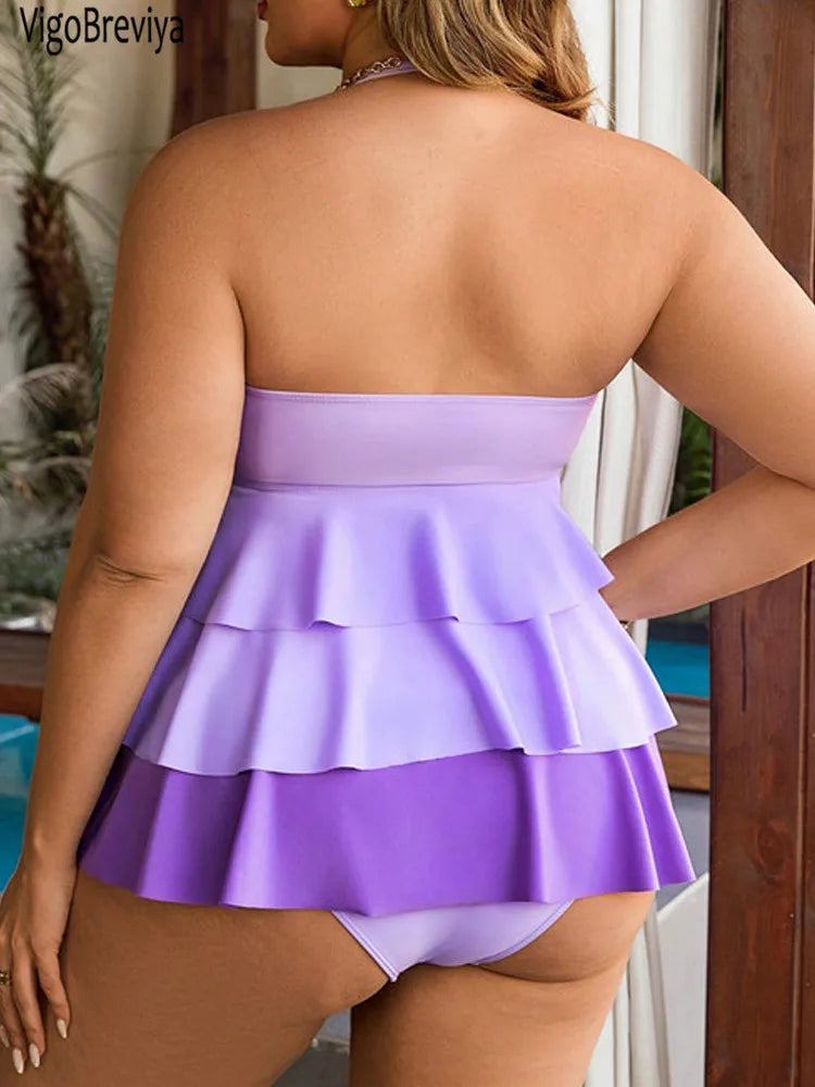 Ruffle 2 Piece Plus Size Tankini Set Women Solid Patchwork Curvy Dress Swimsuit Beach Lady Big Bathing Suit