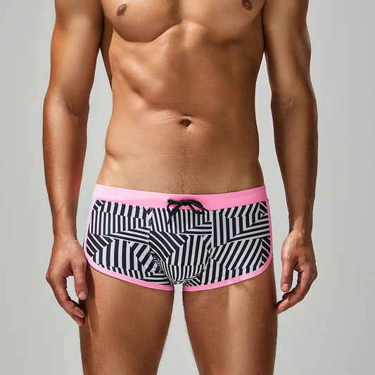Men's Flat Angle Swimming Trunks for Hot Spring Soaking Nylon Fabric Adult Male Swimwear with Striped Pattern