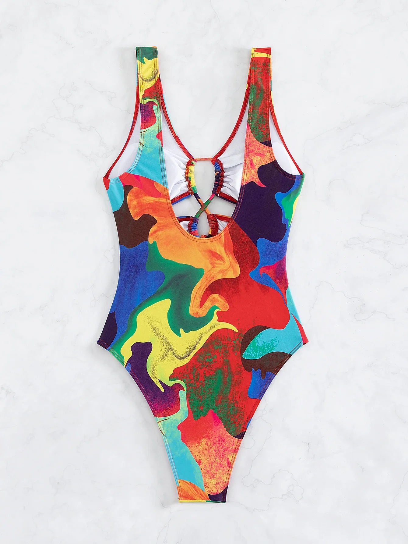 Colorful Tie Dye Gradient Swimwear Women Hollow Out Bandage Cross Pleated Holiday One Piece Swimsuit Beach Bathing Suit