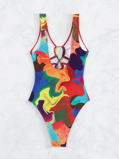 Colorful Tie Dye Gradient Swimwear Women Hollow Out Bandage Cross Pleated Holiday One Piece Swimsuit Beach Bathing Suit