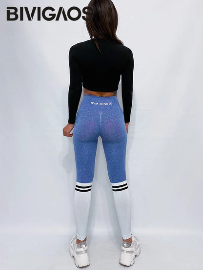 BIVIGAOS Women Contrast Color Hip Lift Fitness Leggings Running Sports Leggings High Waist Elastic Workout Leggings Push Up