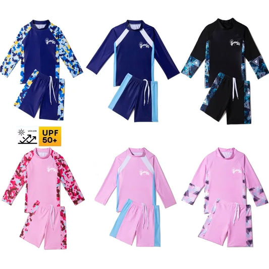 Student Children's Two Pieces Swimsuit Teenage Boys Girls Long Sleeve Top and Shorts Swim Suit Quick Drying  Swimwear Surf Suit