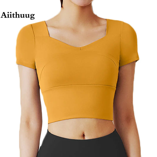 Gym Crop Tops Padded Cup Yoga Tops Elastic Breathable Yoga Bra 3D Fit Cup Slim Fit Workout Short Sleeve Sports Crops
