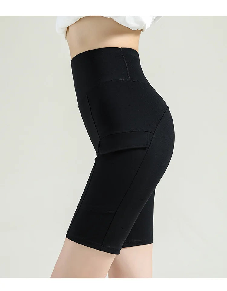 BIVIGAOS Summer New Cargo Pocket Shark Shorts Women's Sport Fitness Cycling Shorts High Waist Running Tight Biker Short Leggings