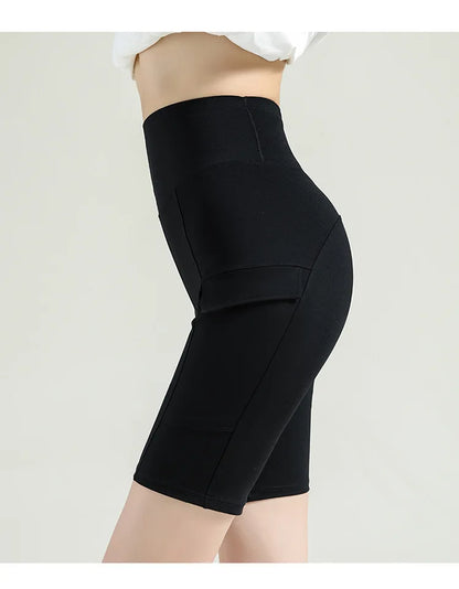 BIVIGAOS Summer New Cargo Pocket Shark Shorts Women's Sport Fitness Cycling Shorts High Waist Running Tight Biker Short Leggings