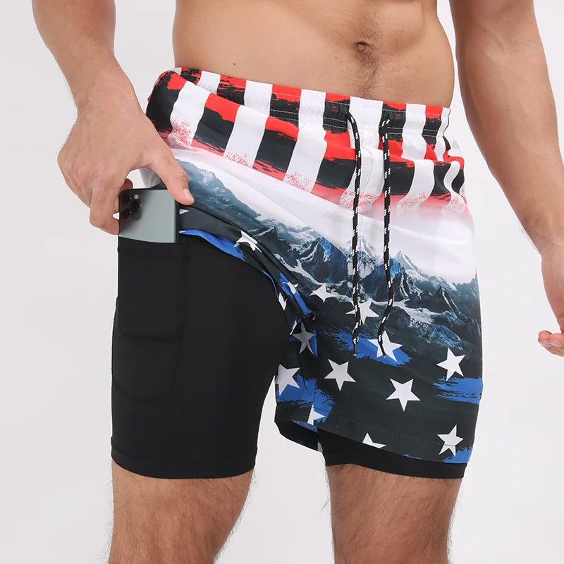 Men Swimwear Summer Gym Beach Shorts Male Quick Dry Sport Swimming Shorts Trunks Sexy Swimsuit 2 In 1 Man Board Shorts Beachwear