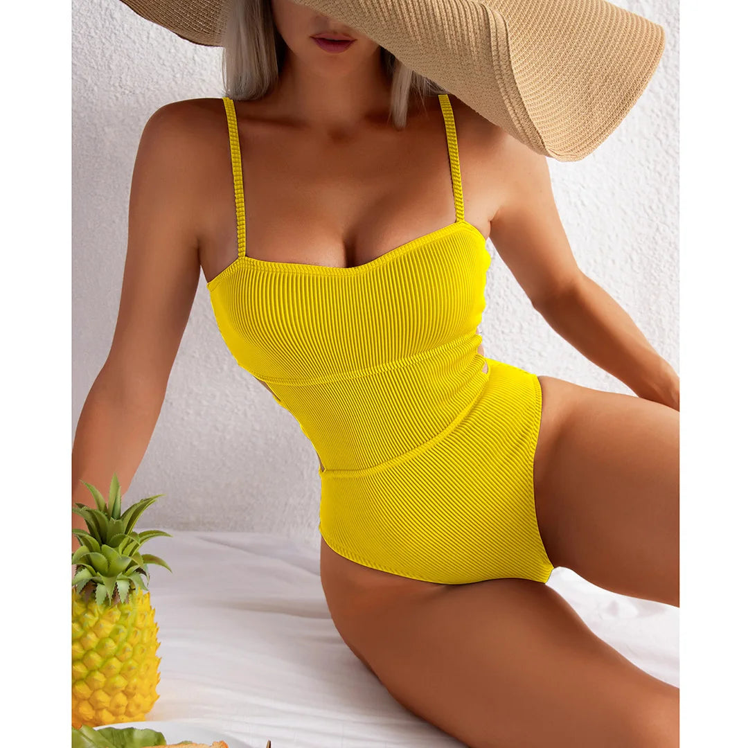 S - XL 11 Colors Ribbed Cut Out One Piece Swimsuit Women Swimwear Female High Leg Cut Padded Bather Bathing Suit Swim Lady