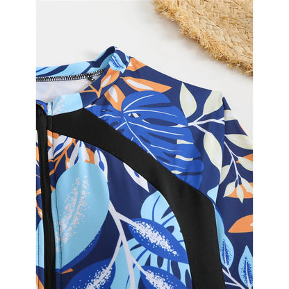 High Cut Printed Long Sleeve Zipper Surf Rash Guard One Piece Swimsuit Women Swimwear Female Bather Bathing Suit Swim