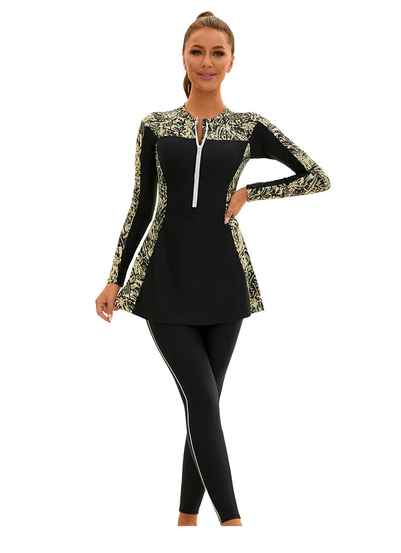 Modest Printed Swimwear Set Women's Long Sleeve Zip-Up Burkini with Skirt & Pants