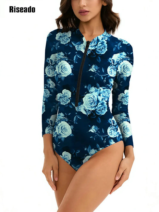 Riseado Women's One Piece Swimsuits Long Sleeve Rash Guard UV Protection Leopard Surfing Swimsuit Bathing Suit