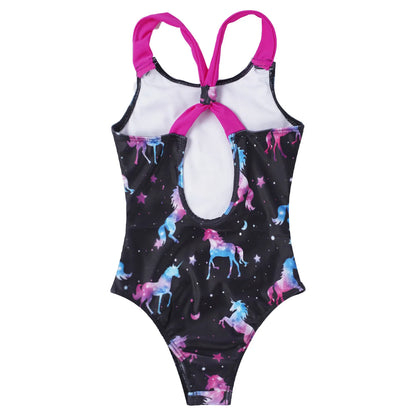 Girls Printed Swimsuit One-Piece Sleeveless Wide Shoulder Straps Sapphire for with Horse And Stars Pattern Printing