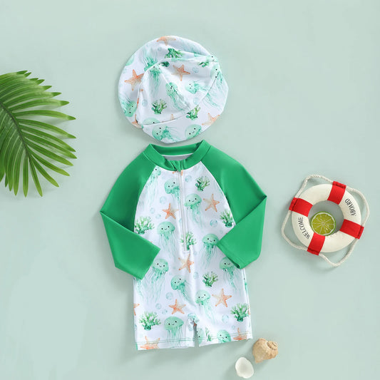 Summer Toddler Kids Baby Boy Rash Guard Swimsuits Animal Print Zipper Long Sleeve Bathing Suits with Swim Cap Swimwear