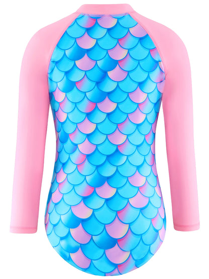 Swimwear Kids Girl Patchwork Pink Long Raglan Sleeve Swimming Suit Kids Scale Print Pattern Swimsuit Bikini Cut Bottom Zipper
