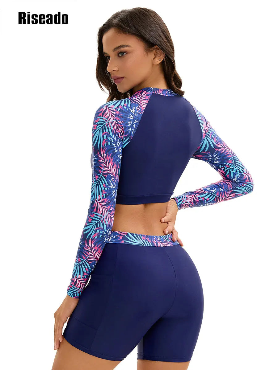 Womens Rash Guard Long Sleeve Swim Shirts Swimsuit Bathing Suit with Womens Swim Shorts & Two Pockets