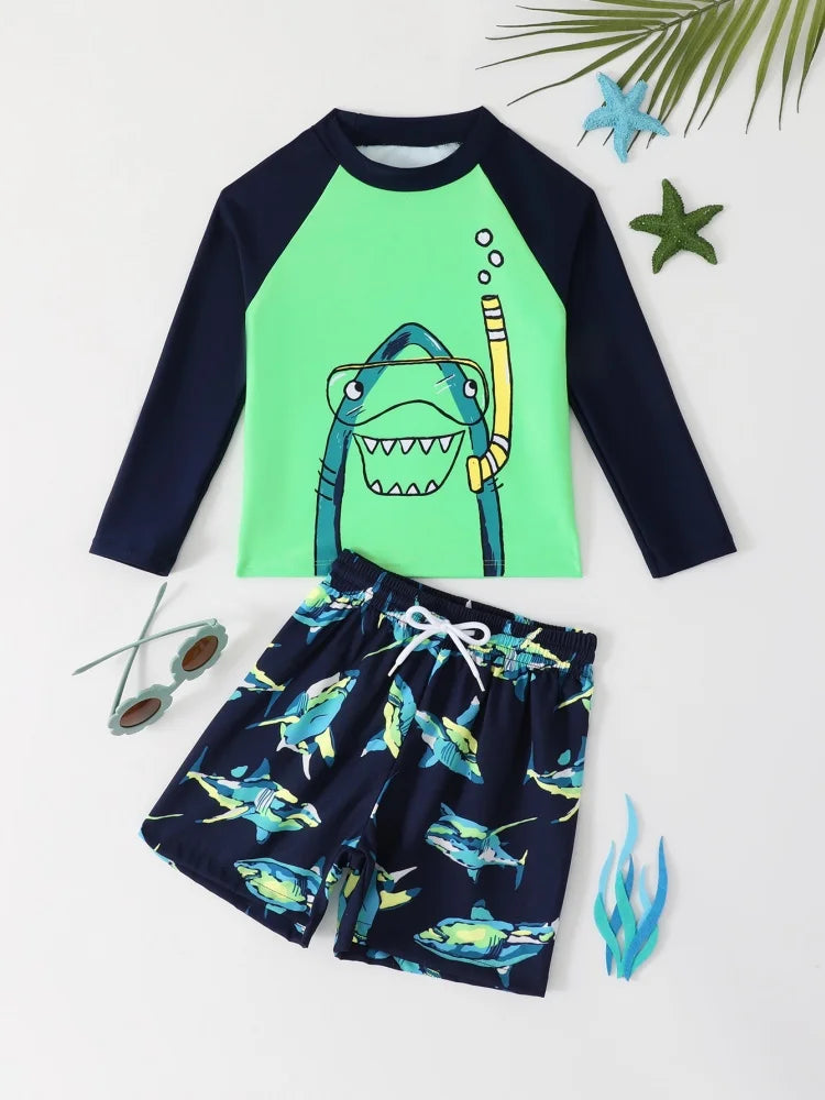 Boy Kids Swimsuit Cartoon Shark Long Sleeves Children Swimwear Summer Two Piece Beachwear Shorts Bathing Suit Swimming