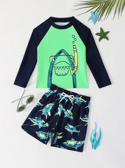 Boy Kids Swimsuit Cartoon Shark Long Sleeves Children Swimwear Summer Two Piece Beachwear Shorts Bathing Suit Swimming