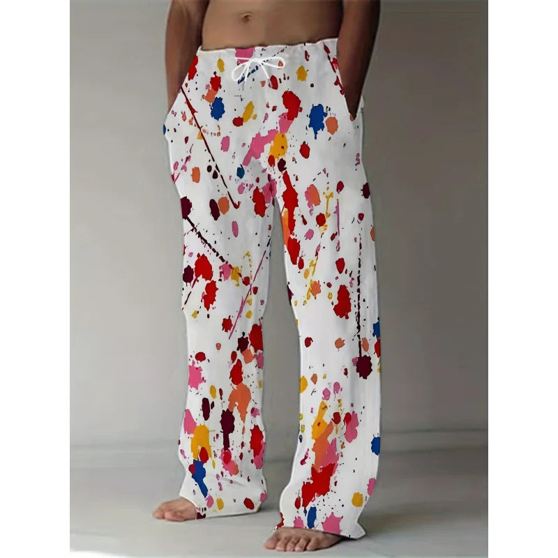 Men's Casual Loose-Fit Straight Pants Relaxed Fit Adult Fashion Pants With Drawstring Full-Print Pattern