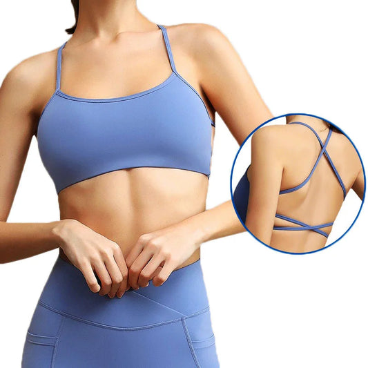 PofyBofy Yoga Bra Criss Cross Workout Crops Pilates Bras Gym Crop Top Running Bras Sexy Back Spaghetti Straps Fitness Bras