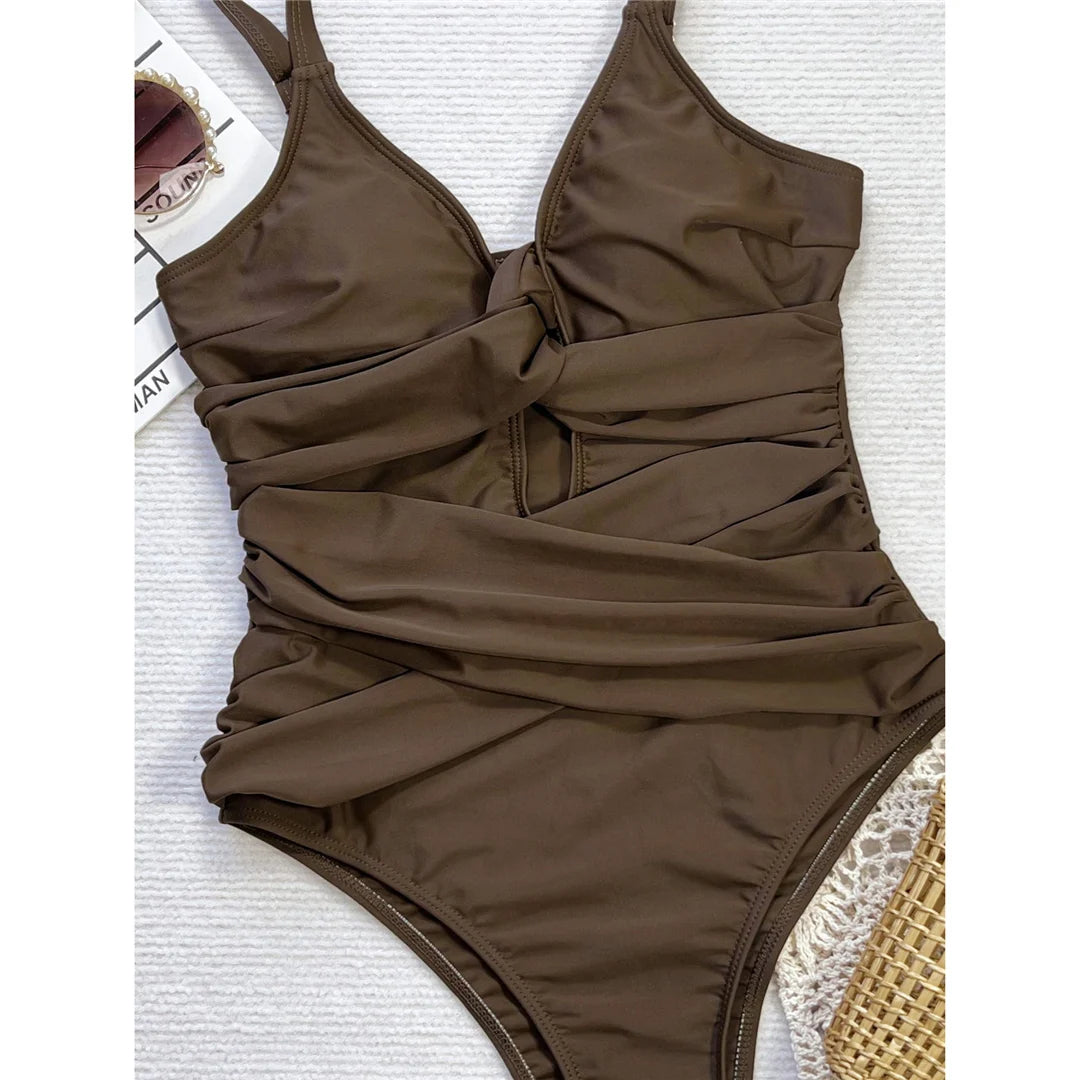 V Neck Knotted Wrinkled High Cut Leg One Piece Swimsuit Women Swimwear Female Padded Monokini Bather Bathing Suit Swim