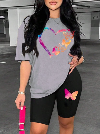 The Love Strung Together By Butterflies Printing Women T Shirts Two Piece Set Fashion Short Sets Comfortable Basic Shirt Shorts
