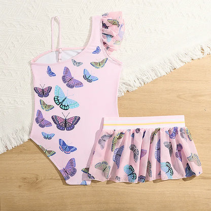 Butterfly Print Girls One Piece Swimsuit 4-7 Year Kids Swim Suit Infant Children's Swimwear 2025 Pink Bathing Suits with Skirt