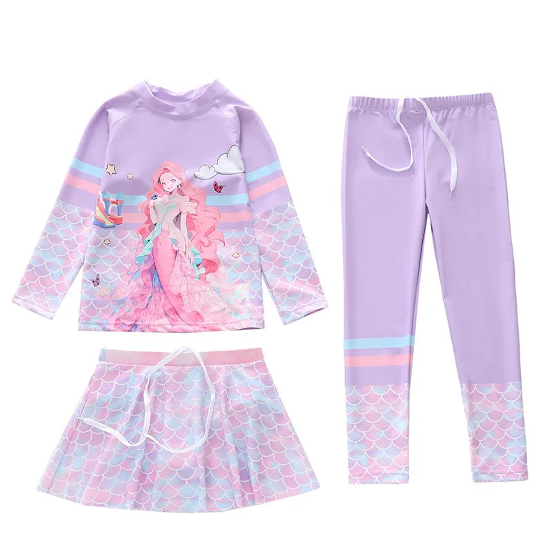Swimsuit for Children Long Sleeve Rash Guard Swim Skirt and Surf Pant Set Sunscreen UV Protection Beach Kids Bath Clothes Girl