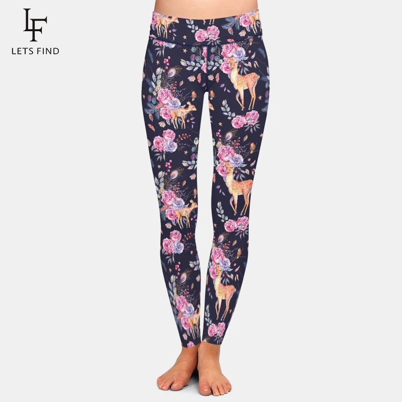 Cute Deer and Flowers Pattern 220gsm Double Side Brushed Milk Silk Print Women Leggings High Waist Leggings