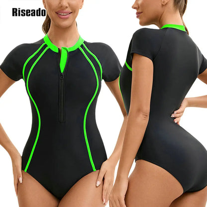 One Piece Swimsuit Mock Neck Zipper Short Sleeve Bathing Suit for Athletic beach clothes for lady