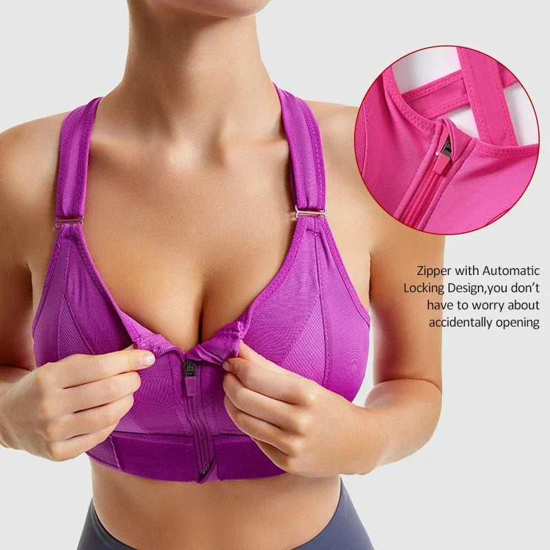 Back Adjustable High Impact Sports Bras for Women Zip Front Full Coverage and Lift Compression Tops Zipper Sports Bras