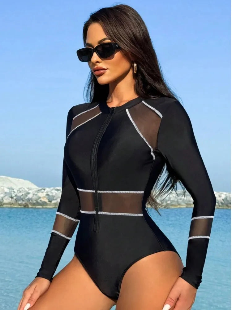 Rash Guard High Waist Swimsuit Women Summer Bathing Suit Long Sleeve Swimwear Women Beach Swimming Suit For Female