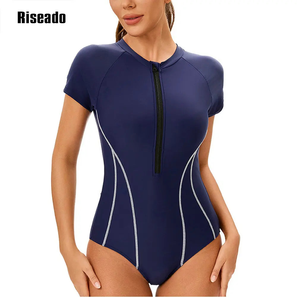 Riseado One-pieces Swimsuits Women Beachwear Short Sleeve Navy Sports Swimwear for Summer Surfing Swimming