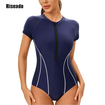 Riseado One-pieces Swimsuits Women Beachwear Short Sleeve Navy Sports Swimwear for Summer Surfing Swimming