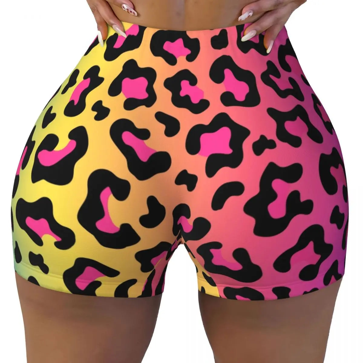 Custom Rainbow Leopard Animal Print Running Volleyball Workout Shorts Women's Athletic Gym Yoga Shorts