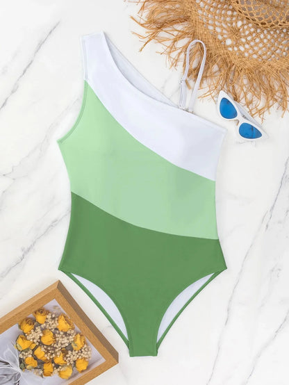 Colorblock Cut Out One Shoulder Swimsuit One Piece Swimwear Women Bather Bathing Swimming Swim Suit Female Beachwear