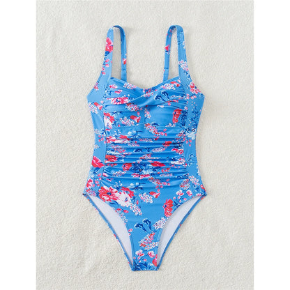 S - XL Flowers Printed Floral Wrinkled One Piece Swimsuit Women Swimwear Female High Leg Cut Bather Bathing Suit Swim