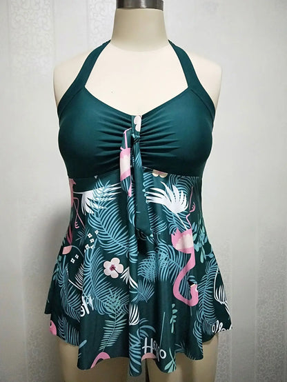 Flaming Tropical Print 2 Piece Plus Size Tankini Set Women Halter Curvy Dress Swimsuit High Waist Beach Lady Big Bathing Suit