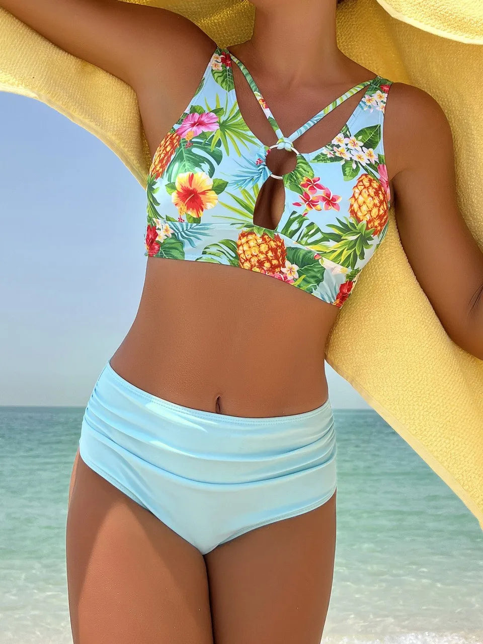 Strappy Hollow Bikini Women Ring Linked Swimwear Female Fold Triangle Swimsuit Bathers Bathing Swimming Suit Beachwear