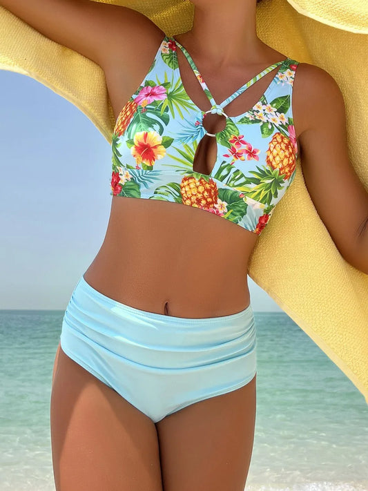 Strappy Hollow Bikini Women Ring Linked Swimwear Female Fold Triangle Swimsuit Bathers Bathing Swimming Suit Beachwear