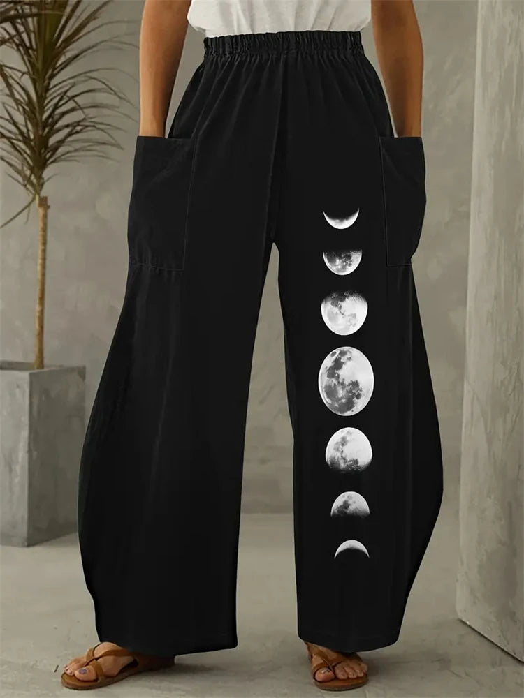 Simple Star And Moon Abstract Sun Print Pants Fashionable European And American Ladies Wide-leg Pants Delicate And Elegant Pants
