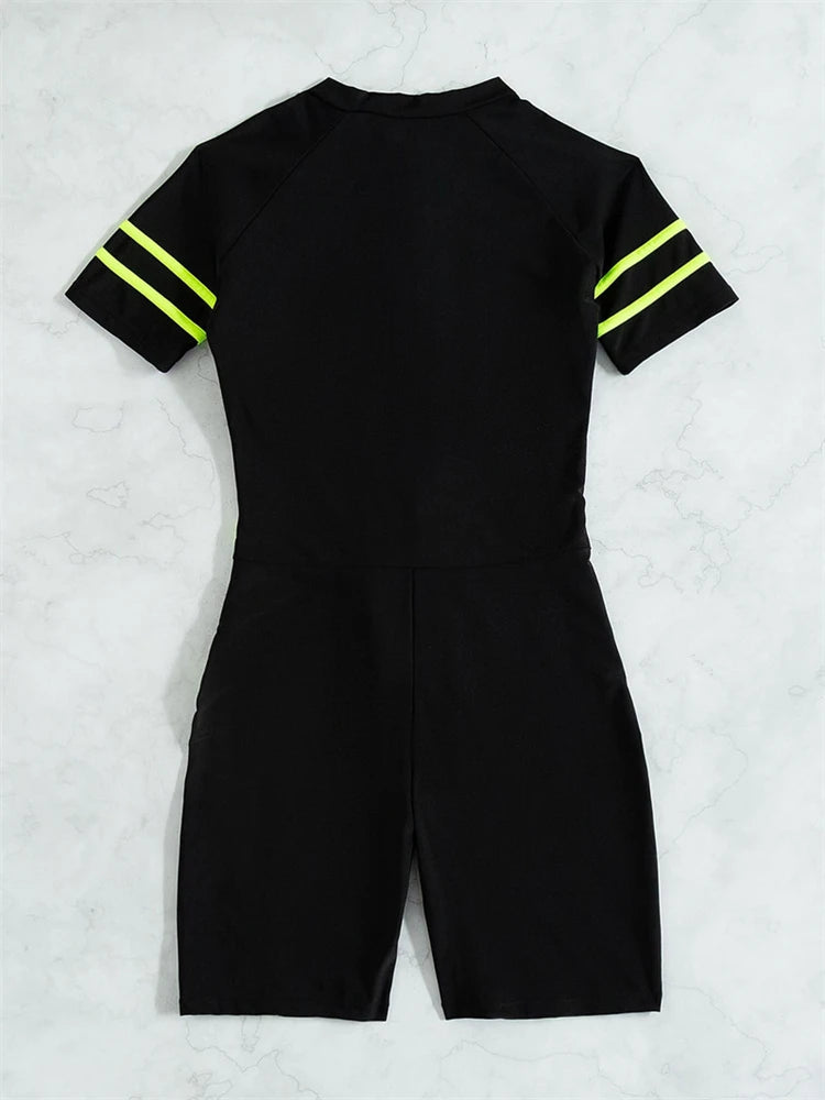 One Piece Swimsuit Women  Black Short Sleeves Zippers Swimwear Boxer Shorts Bodysuit Monokini Beach Bathing Suit Female
