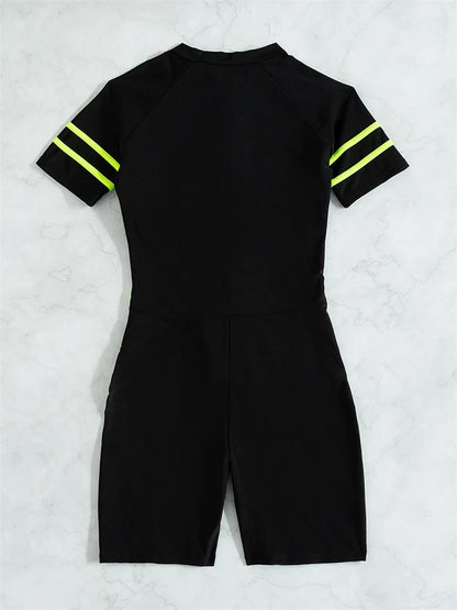 One Piece Swimsuit Women  Black Short Sleeves Zippers Swimwear Boxer Shorts Bodysuit Monokini Beach Bathing Suit Female