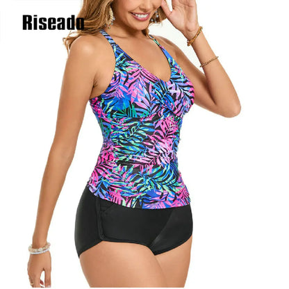 Women Tankini Swimsuits V Neck Ruched Tankini Top Cross Back Two Piece Bathing Suit Tummy Control