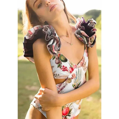 One Piece Swimsuit Swimwear Women Flowers Fruits Print V-neck Big Ruffle Backless Bowknot Hollow Beachwear Bathing Suit